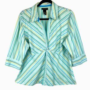 Lane Bryant 14/16 Knot-Front Blouse Aqua Green & White Striped 3/4 Sleeve VGUC